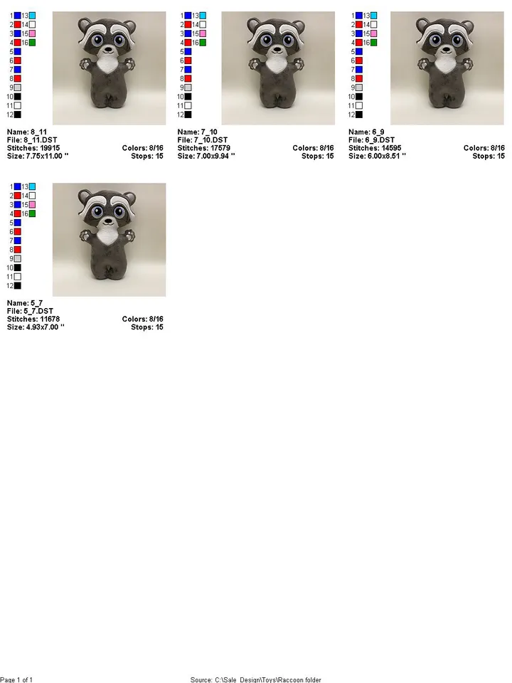 ITH Cute Raccoon toy soft stuffed in the Hoop Digital Design for Machine Embroidery