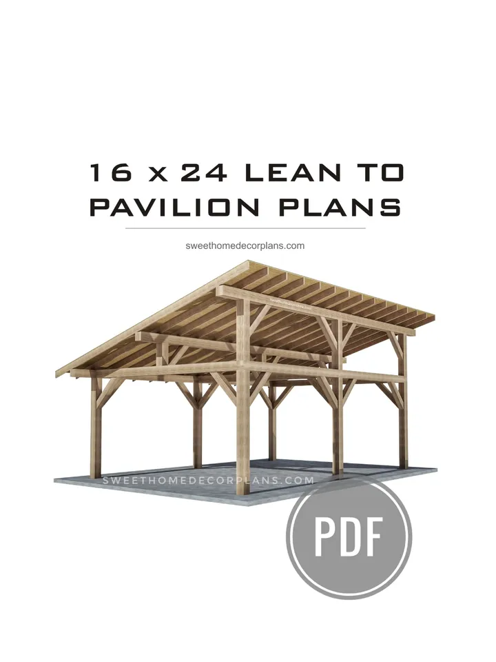 DIY 16 x 24 lean to pavilion plans pdf. Detached carport plans. Wooden covered gazebo outdoor plans. Timber frame backyard garage plans.