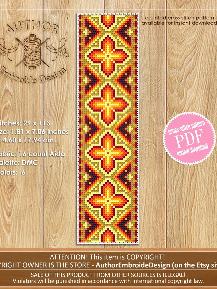 Colorful bookmark cross stitch pattern PDF download Modern Handmade bookmark digital PDF, Pretty bookmark pattern, Ukrainian ornament #B136