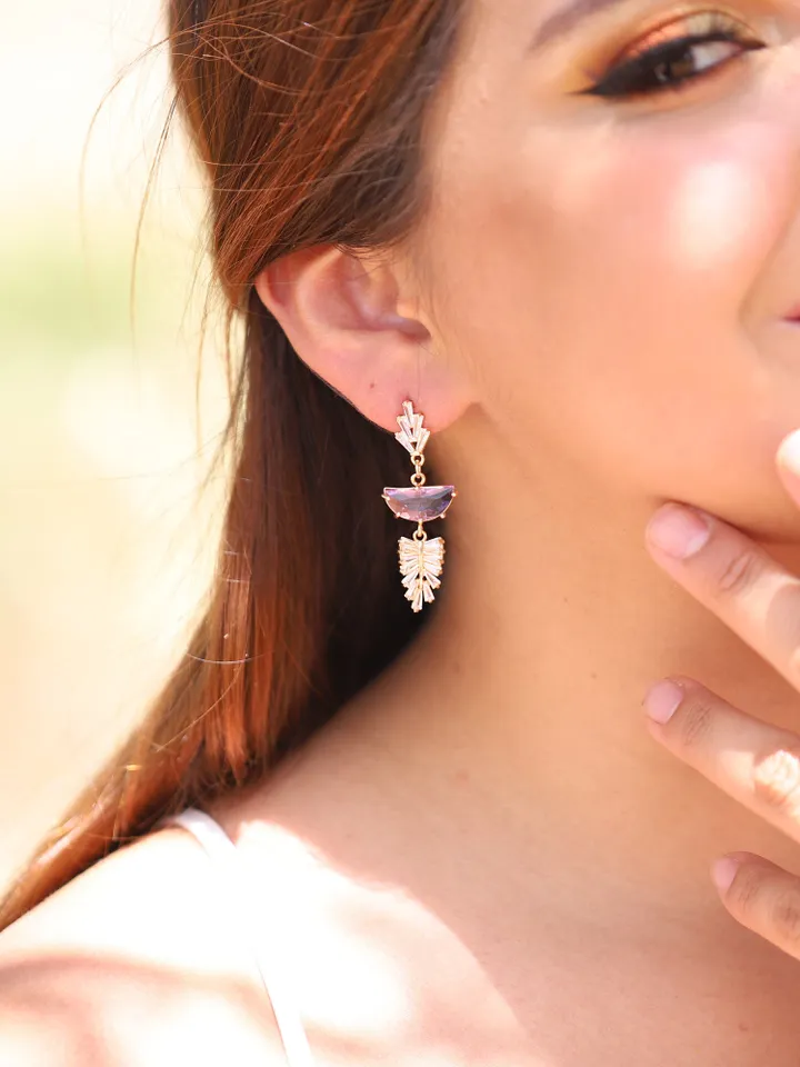 Art Deco Wedding Earrings For Bride, Purple Gold Statement Bridal Jewelry, Boho Bridal Earrings, Retro Fan Chandelier Stetement Earrings,