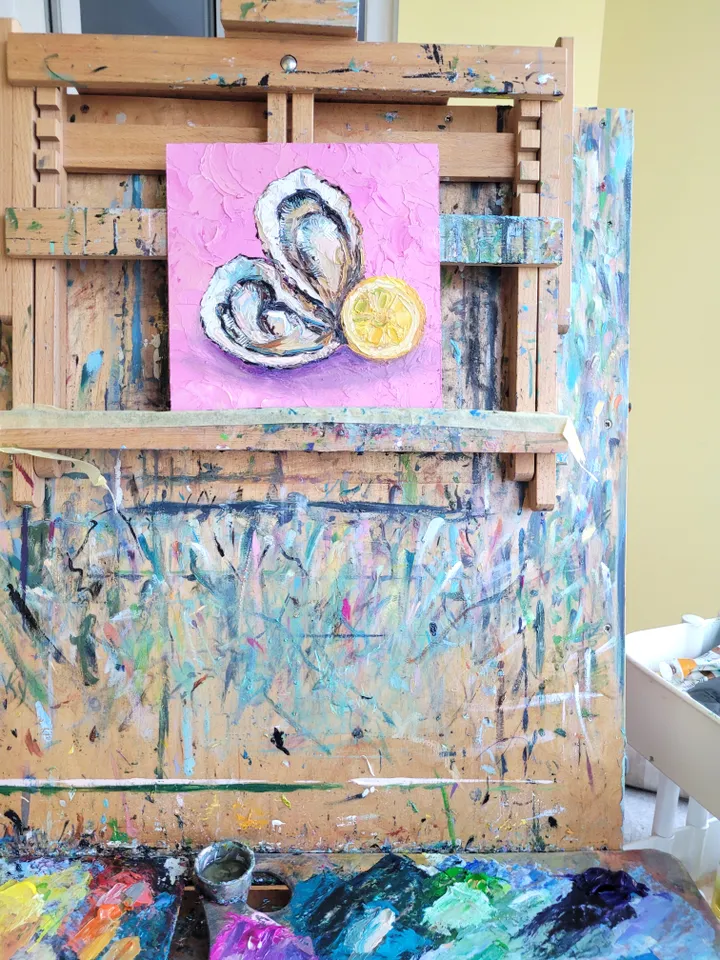 Oyster Painting Lemon Painting Impasto Oil Painting 8x8 Shell Original Art Kitchen Wall Art Seafood Art Coastal Artwork Oyster Food Painting by ArtFromVictoria