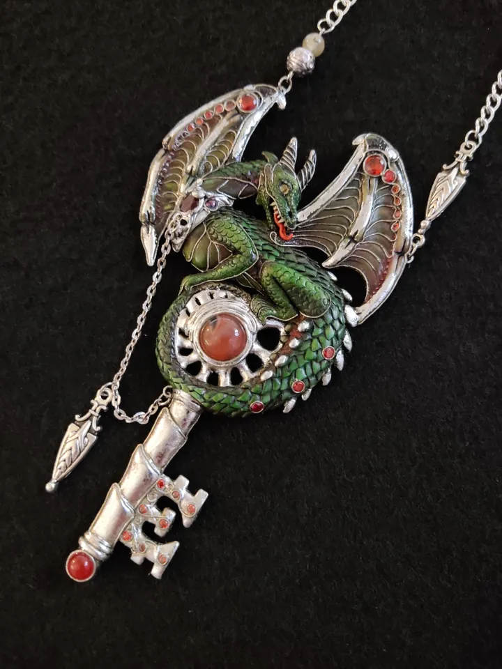 Dragon and Key Necklace, Fantasy Dragon Pendant, Green Dragon Necklace, Magic Drago