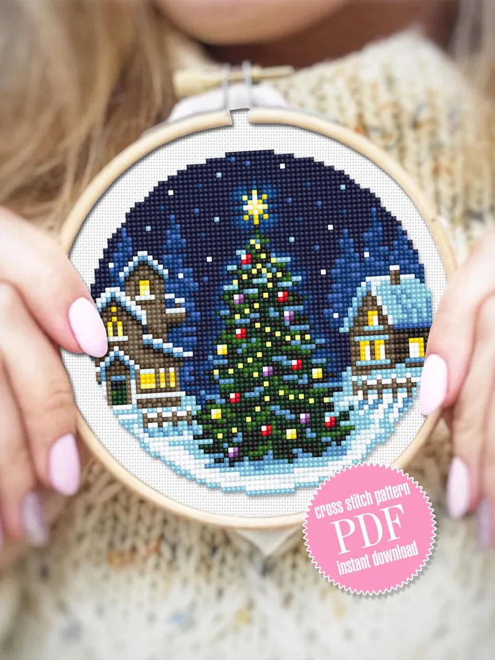 Christmas tree cross stitch pattern PDF download Winter landscape cross stitch chart, Christmas pattern digital PDF, Winter houses #N173
