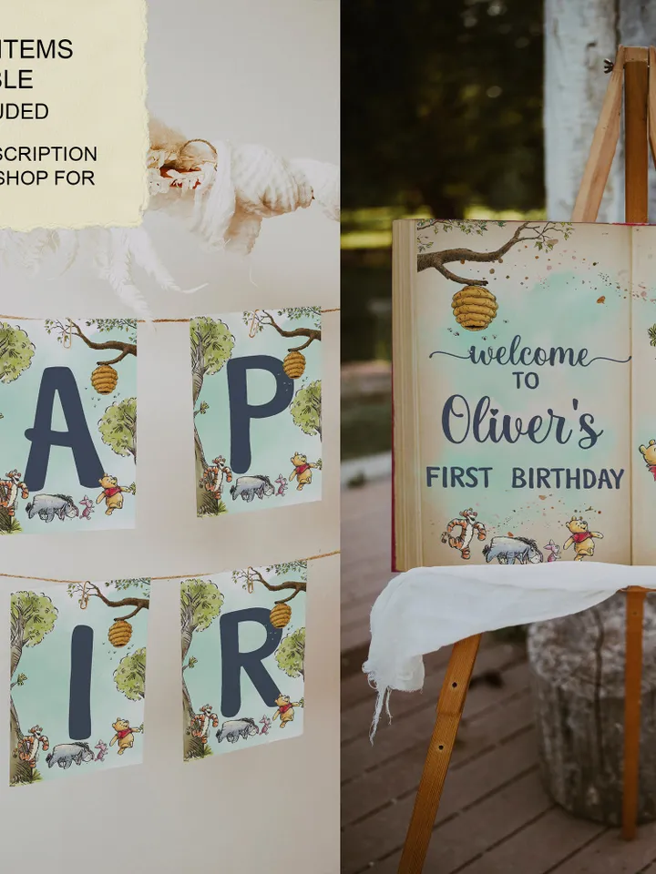 Editable Photo Banner one year garland Winnie the Pooh First Birthday Photo Banner Garland; Hundred Acre Wood Party; Instant Download; wp5