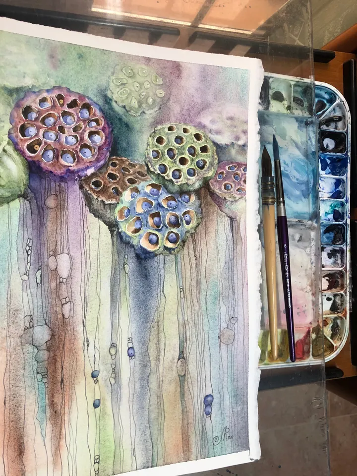 Flowers Original Lotus Painting Watercolor and ink Water Lilies Art