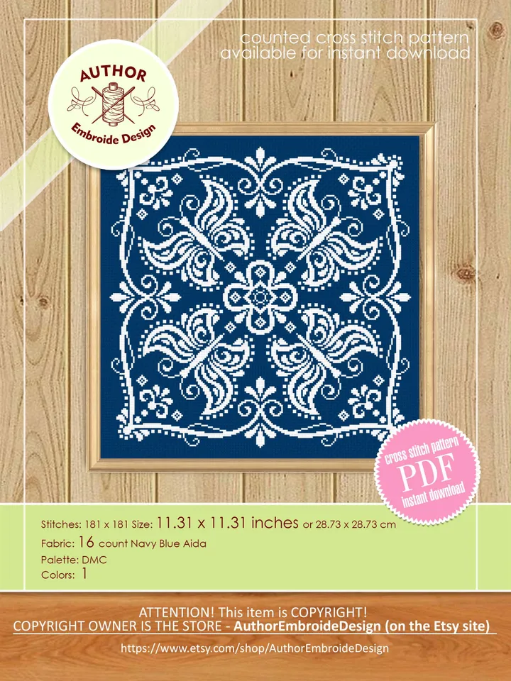 Butterfly mandala cross stitch pattern PDF instant download Monochrome cross stitch chart, Mandala pattern digital PDF for beginners #M273