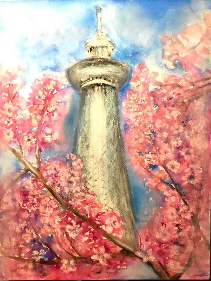 Japan painting,Tokio painting,original watercolour,pastel painting,sakura flowers wall art.