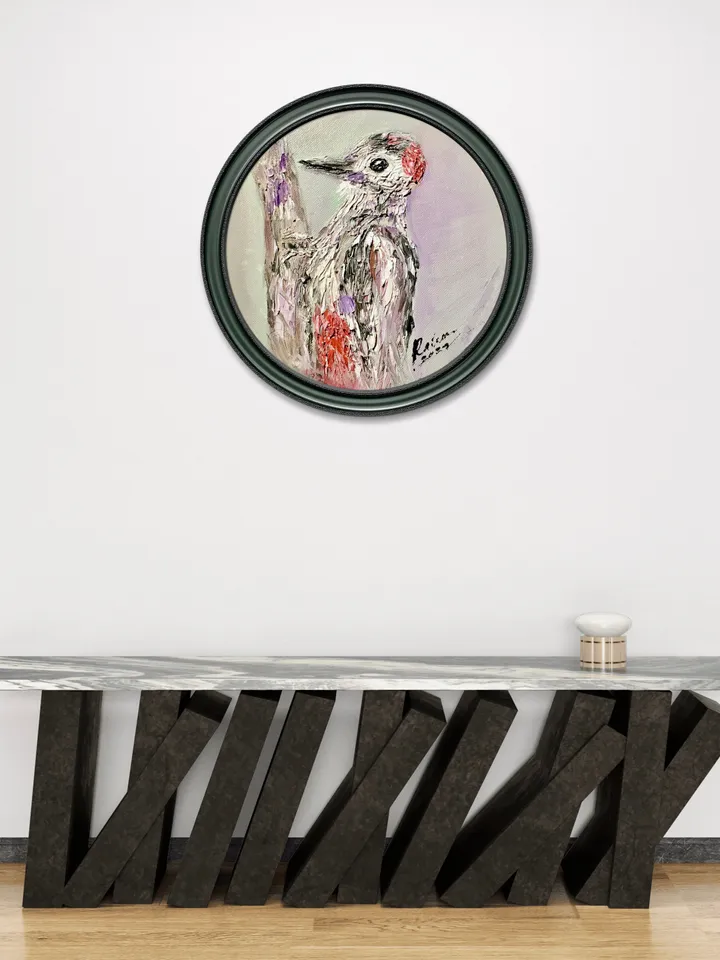 Woodpecker original oil impasto painting on round canvas,birds oil painting,kids or game room decoration,unique gift.