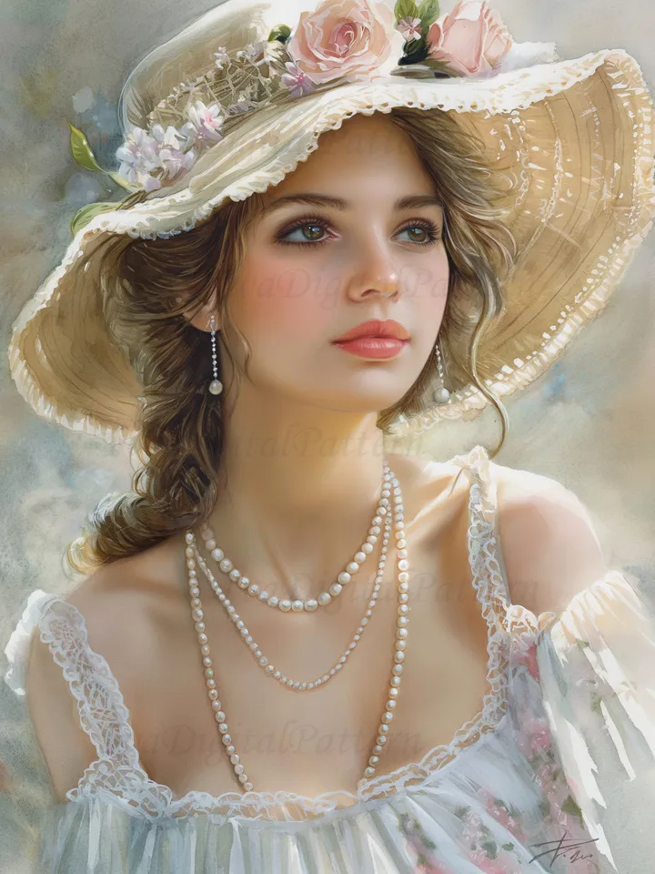 Digital illustration.French woman. Romantic girl with a hat. Digital painting. Wall decor in pastel colors. Parisienne. Instant download.