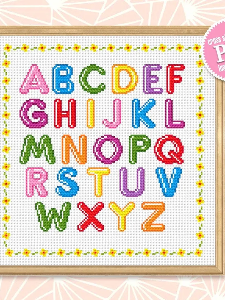 Alphabet letters cross stitch pattern download PDF Colorful font cross stitch chart Alphabet pattern digital PDF DIY kids room decor #A1