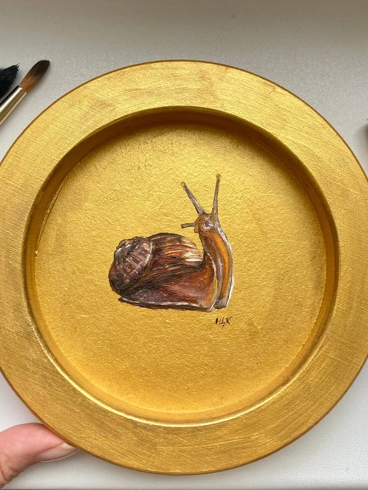 Framed Snail Oil Painting Original Round Art Gold Frame Painting Academia