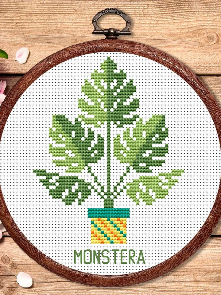Monstera Cross Stitch Pattern, Flower Cross Stitch Pattern, Embroidery Monstera, Flowers xStitch, Potted Flowers Cross Stitch #flw002