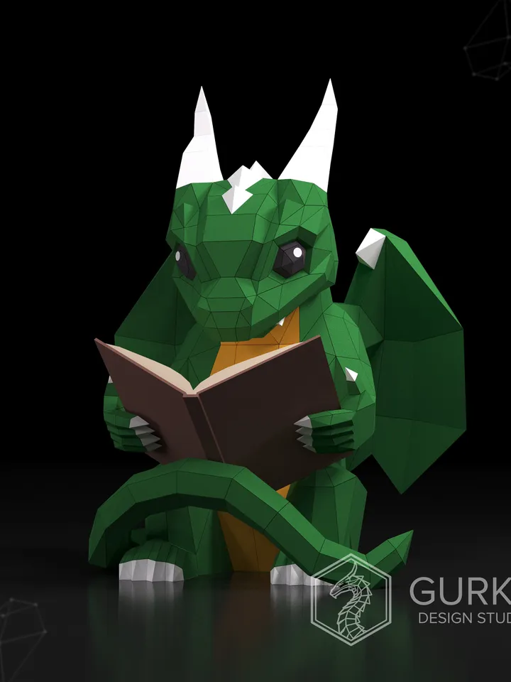 Papercraft Dragon With Book, Digital Template, PDF Download, Gurko, Low Poly, Pepakura, Origami Sculpture, Paper Party Decoration, DIY Gift