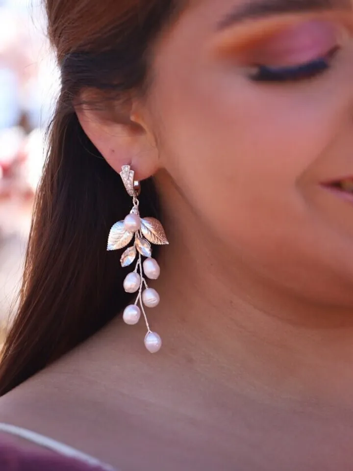 Long Boho Wedding Earrings, Freshwater Pearl Silver Bridal Earrings, Chandelier Statement Wedding Earrings, Swarovski Jewelry For Bride,