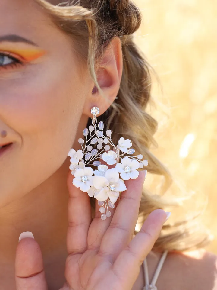Porcelain Flowers Wedding Earrings Boho Wedding Earrings Rose Gold Hoop Chandelier Earrings Opal Crystal Long Bohemian Boho Bridal Earrings