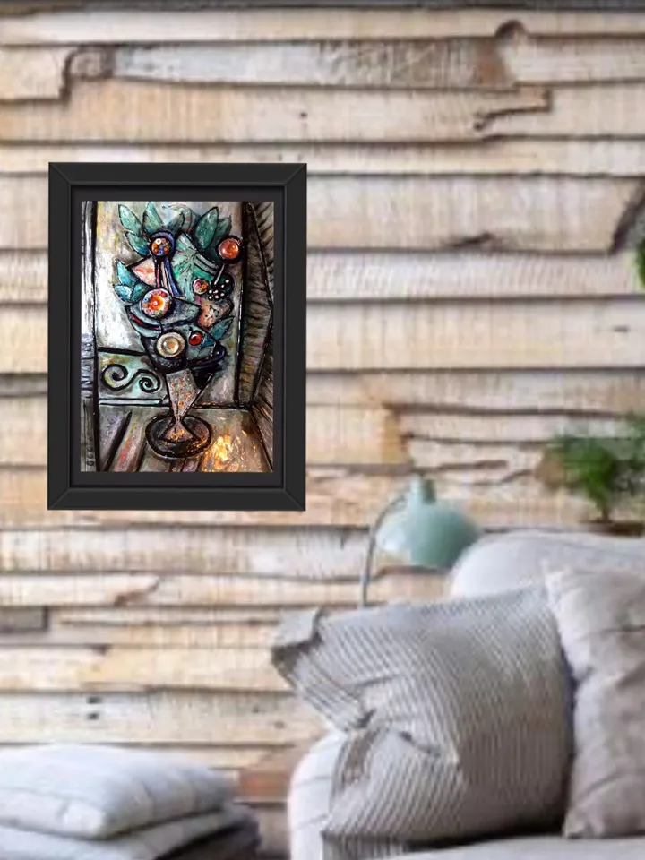 Abstract painting on glass.Mix media modern flowers,glass and watercolour painting with mosaic decoration.Hand made original.Gift for her.