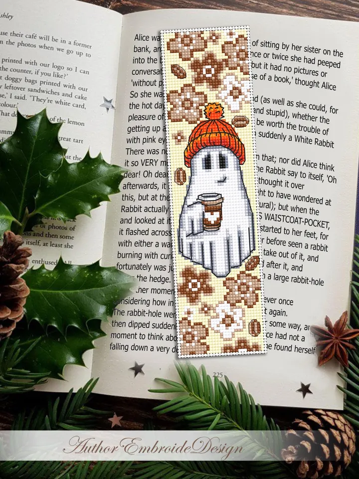 Ghost coffee bookmark cross stitch pattern PDF download Cute ghost cross stitch chart, Coffee Halloween bookmark pattern digital PDF #B367