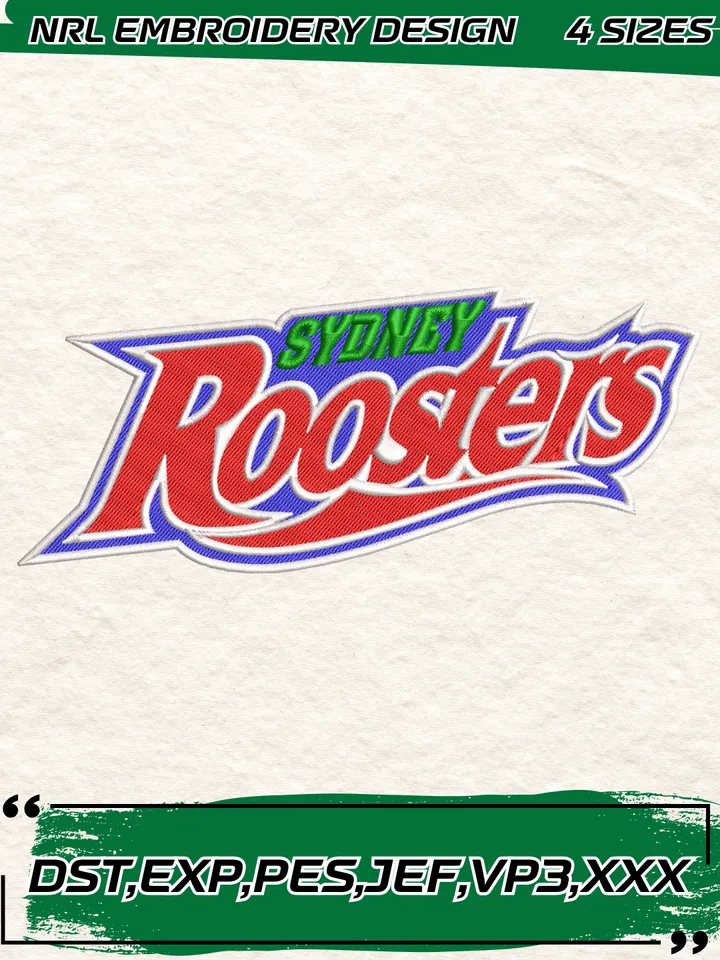 Sydney Roosters Logo Embroidery Design,NRL Machine Embroidery Digitized Pes File,4 Sizes, Instant Download