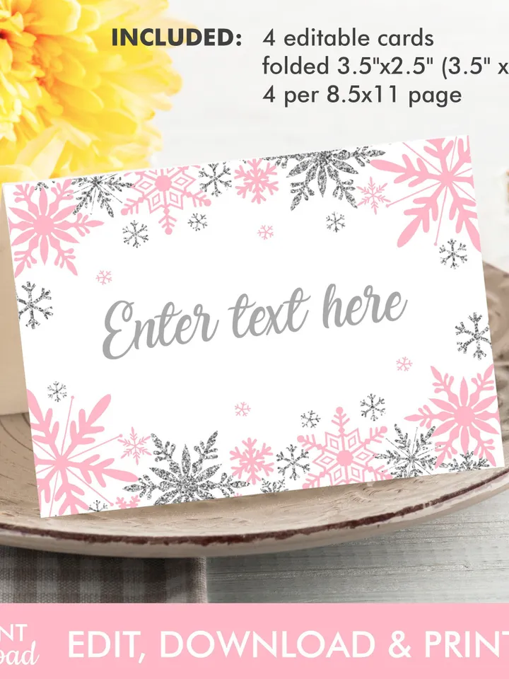 Winter Onederland Food Card, Winter Tent Card, Place Cards Table Card, Winter Onederland Birthday Girl Decorations Pink Silver Editable