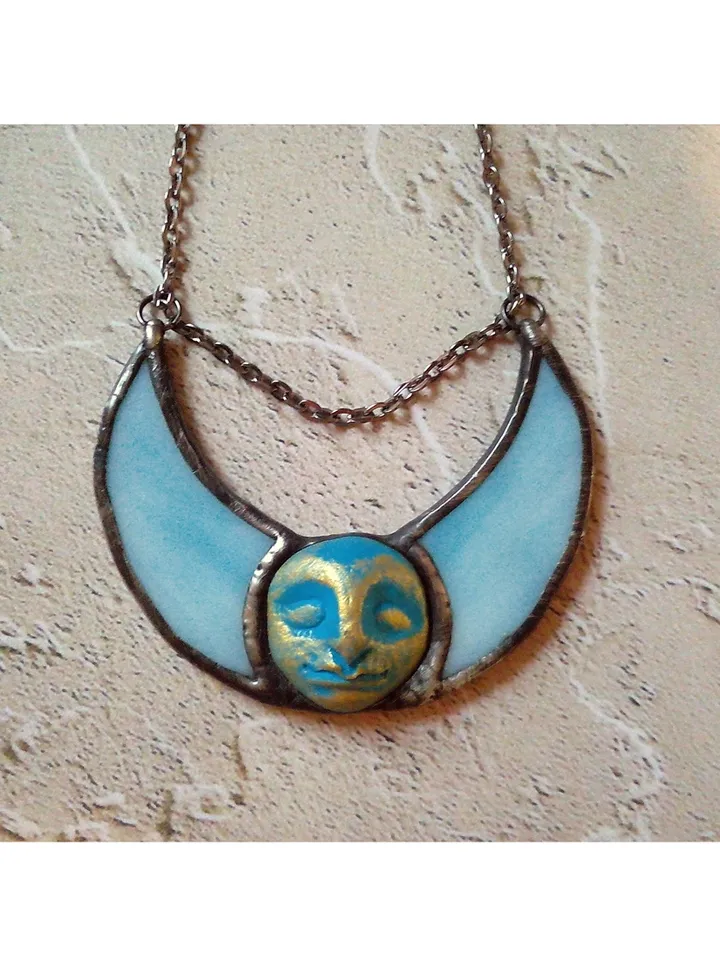Stained glass blue moon, Moon Goddess, Moon phase necklace, Stainglass crescent, Full moon pendant, Moon face necklace
