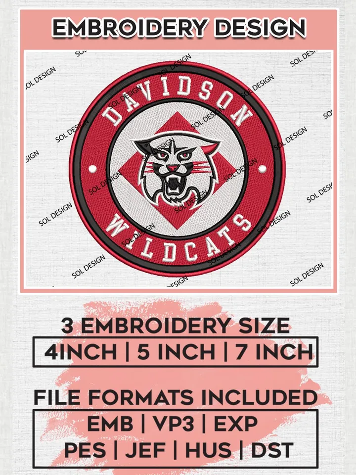 NCAA Davidson Wildcats Round Logo Embroidery, NCAA Davidson Wildcats Logo Embroidery files, NCAA embroidery designs, Machine embroidery designs, Digital Download