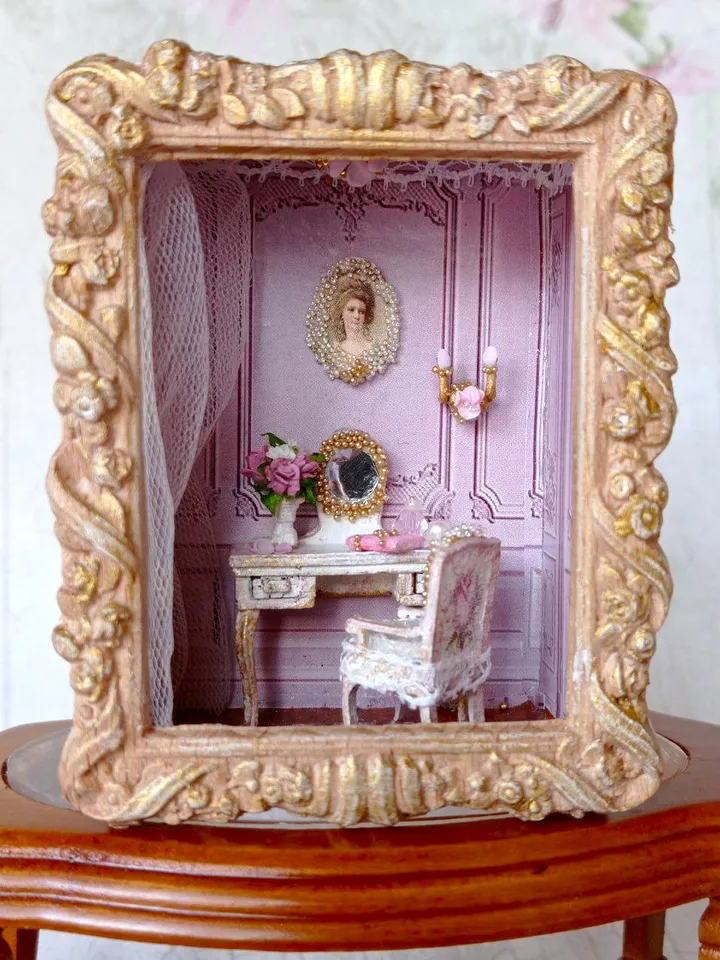 Miniature pink Boudoir, 1/48 scale miniature dollhouse with furniture and accessories