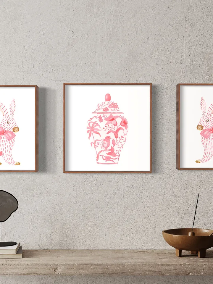 Pink Chinoiserie Set of 3 Art Prints, Watercolor Painting, Asian Vase Art, Rabbit Painting, Pink Bow Art, Ginger Jar, Chinoiserie Set Print