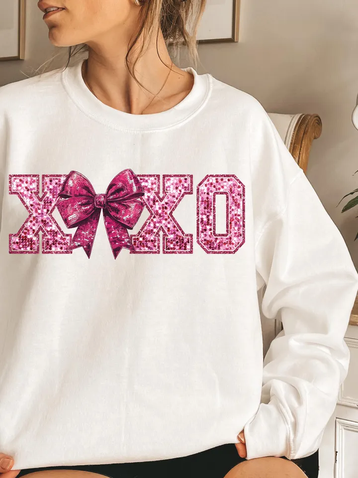 Coquette Bow XOXO Faux Sequin PNG Disco Ball Valentine, Valentines Day Png, love png, Retro Valentines Png, Coquette Trendy Valentines Png