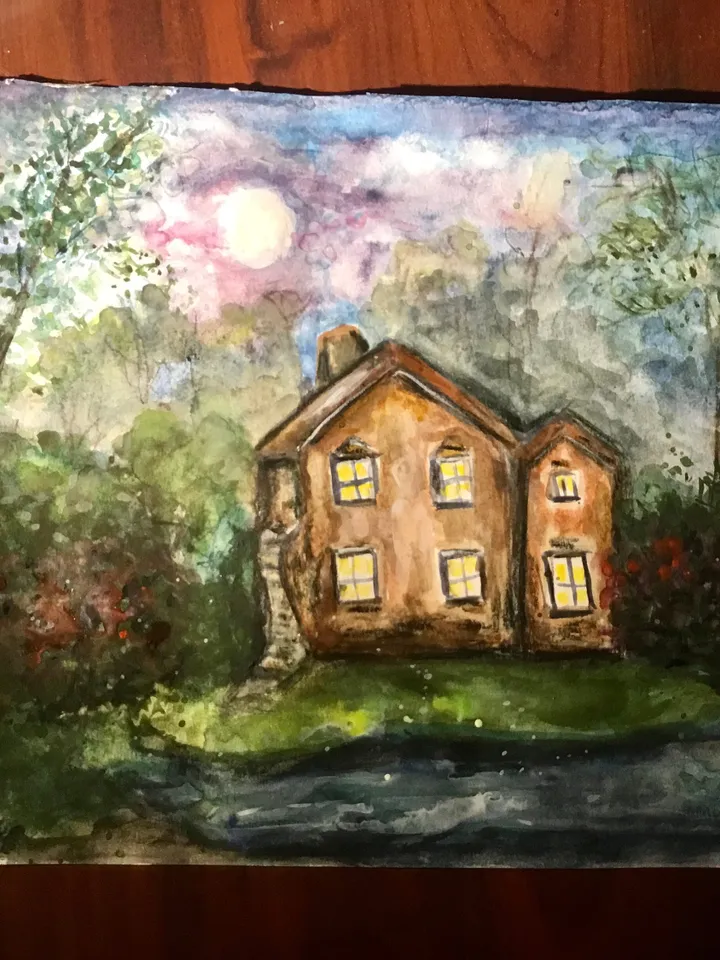 Mysterious House in the woods,original watercolour painting,forest painting,river,landscape painting,unique handmade painting,home decor