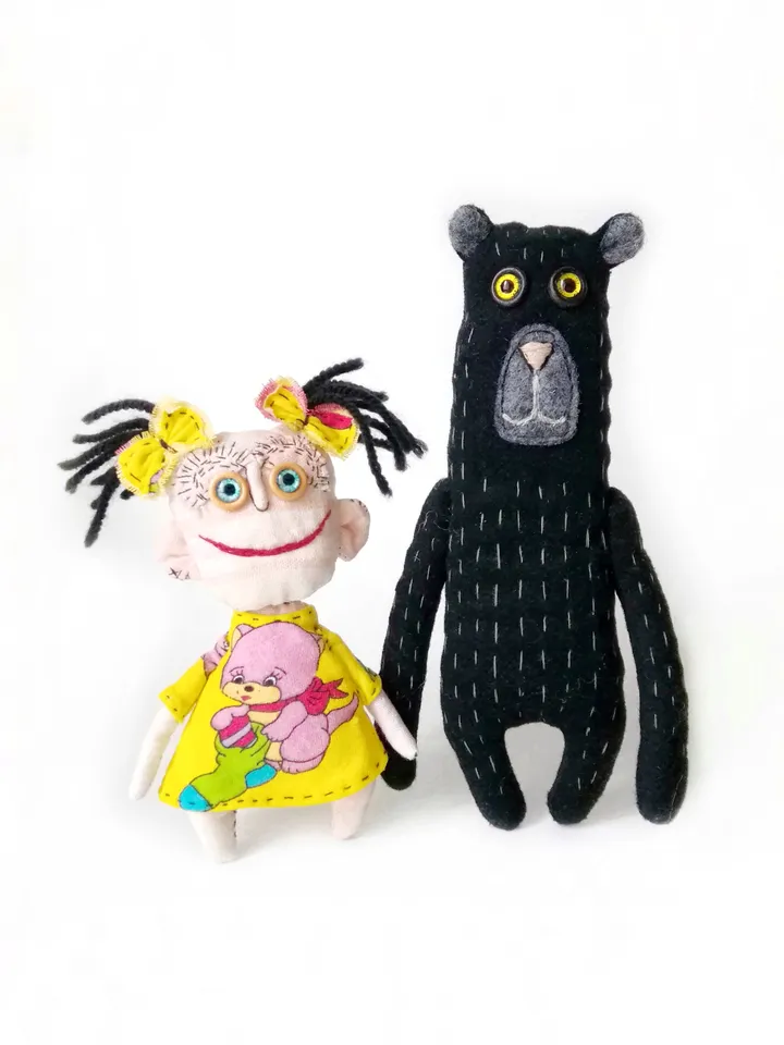 Artistic Handmade Dolls: Girl and Bear, Spooky Funny Fabric Interior Toys: One-of-a-Kind Unique Dolls, Weird and Ugly. FREE SHIPPING!