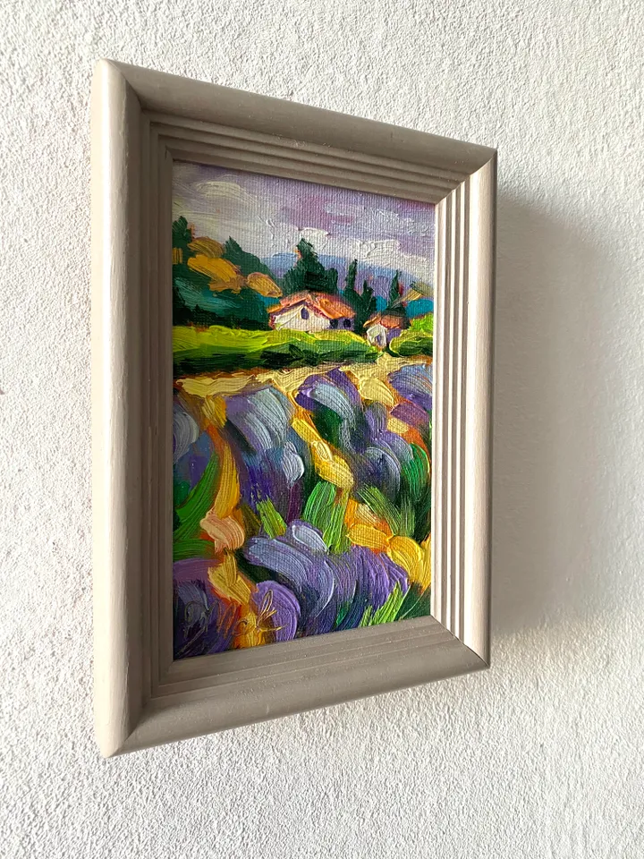 Lavender Fields Painting Tuscany Original Art Landscape Oil Painting Impasto Small Artwork 4x6 Tuscan Serenity Painting Wild Flowers