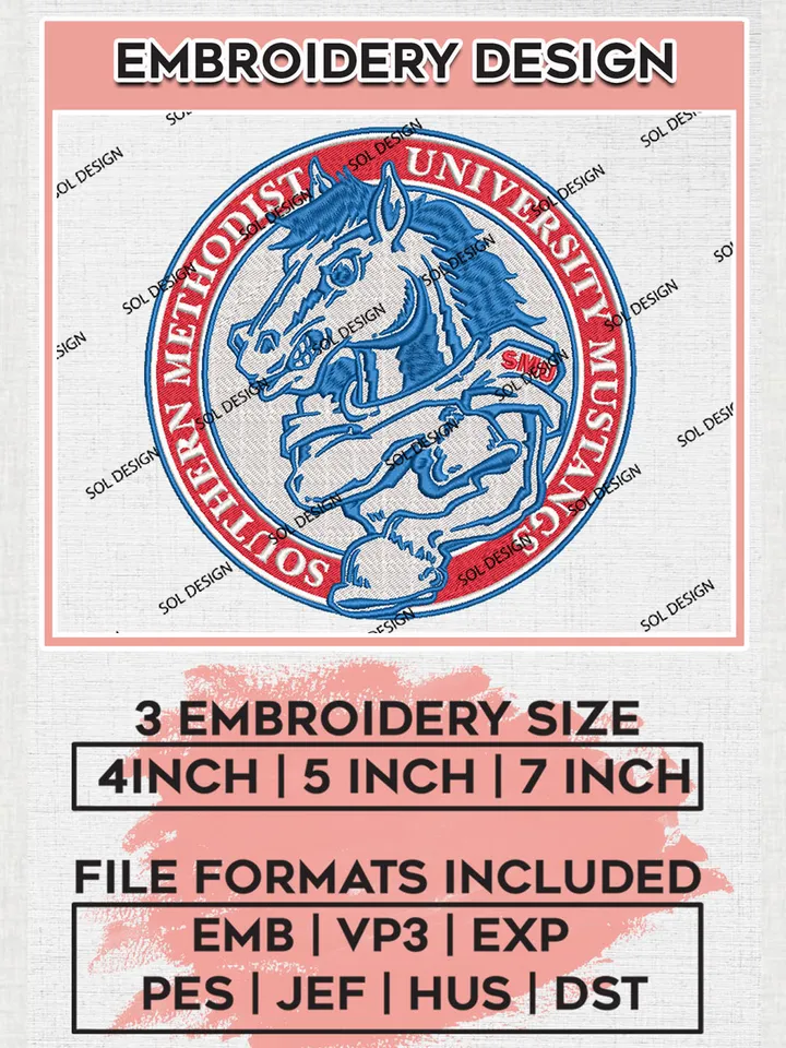 NCAA SMU Mustangs Round Logo Embroidery Design Files, NCAA SMU Mustangs Machine Embroidery, NCAA Teams, 3 sizes, NCAA Machine embroidery designs, Digital Download