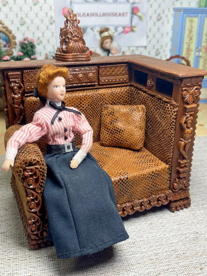 Sofa for filling the interior of a doll house on a scale of 1:12. Vintage handmade sofa. Replica of an antique sofa.