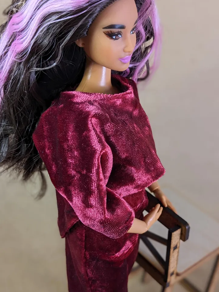 Handmade casual red velvet two-piece set (long-sleeve and pants) for 1/6 scale fashion female dolls