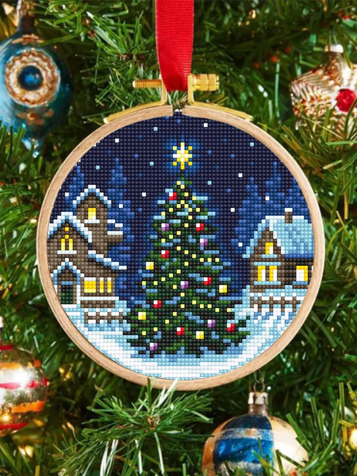 Christmas tree cross stitch pattern PDF download Winter landscape cross stitch chart, Christmas pattern digital PDF, Winter houses #N173