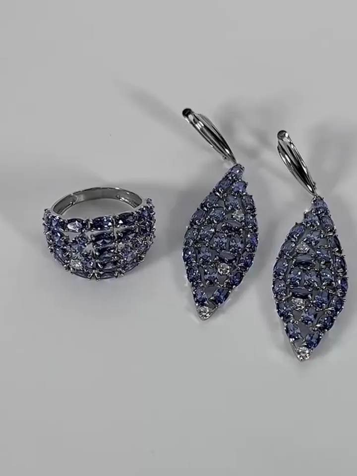 Women's long earrings silver 925 with cubic zirconia and tanzanite