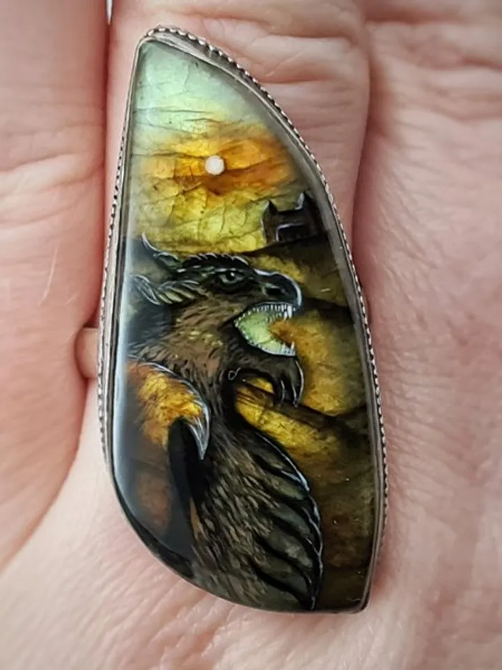 Dragon ring Labradorite ring Stone painting dragon Aaa large labradorite ring