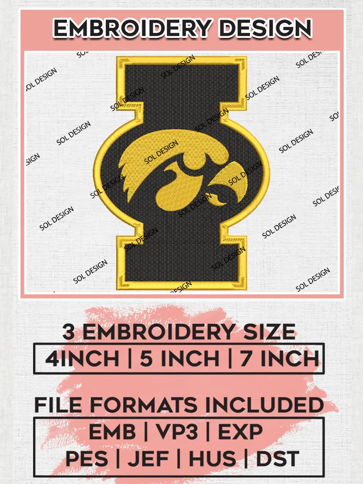 NCAA Iowa College Team Letter Mascot Logo Embroidery Design Files, NCAA Iowa Hawkeyes Machine Embroidery, NCAA Teams, 3 sizes, NCAA Machine embroidery designs, Digital Download