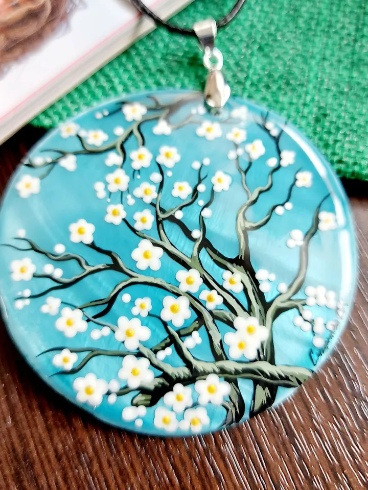 Pearl pendant necklace: Almond Blossoms by Vincent van Gogh on stylish mother of pearl necklace • Hand painted aesthetic pendant for women