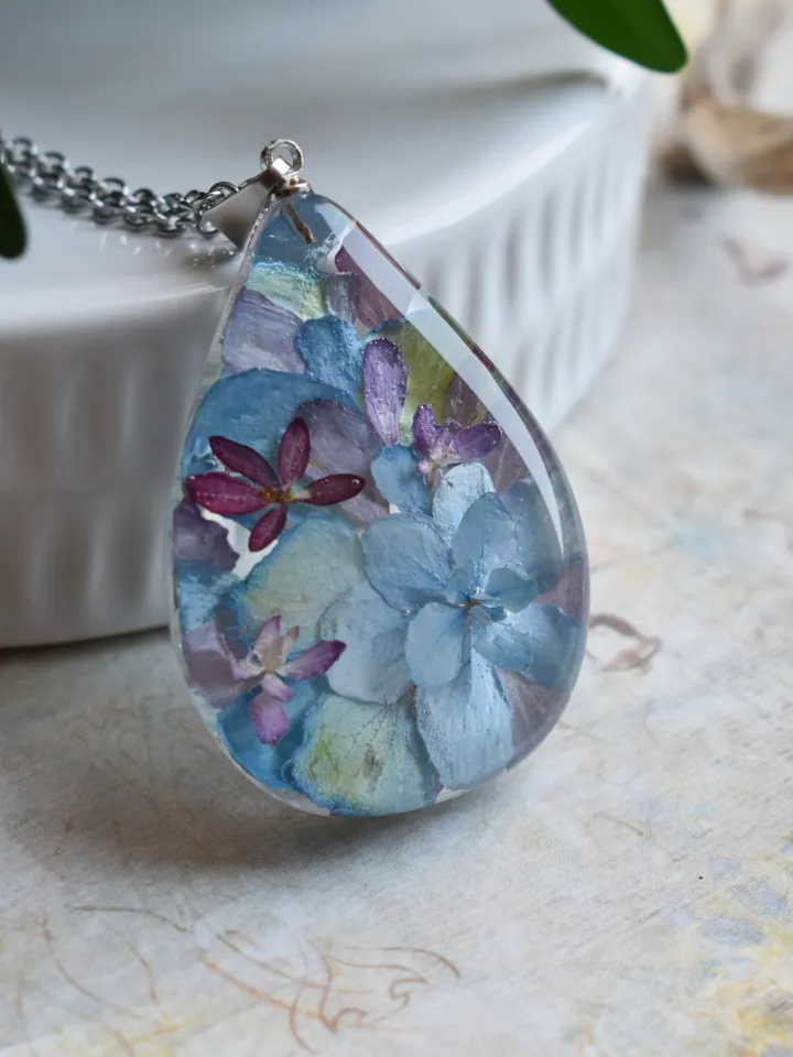 Real hydrangea Pendant. Pendant-drop with real blue hydrangea. Real hydrangea in resin.