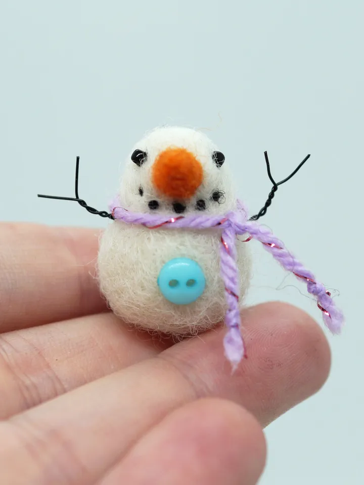 Miniature needle felted snowman in a purple scarf, ready to ship