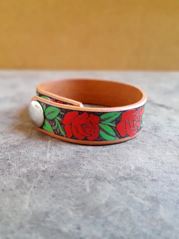 Hand Painted Red Rose Vine Leather Cuff Bracelet, Rose Floral Leather, Personalized Rose Bracelet, Gift for Daughter, Plant Lover Gift Idea