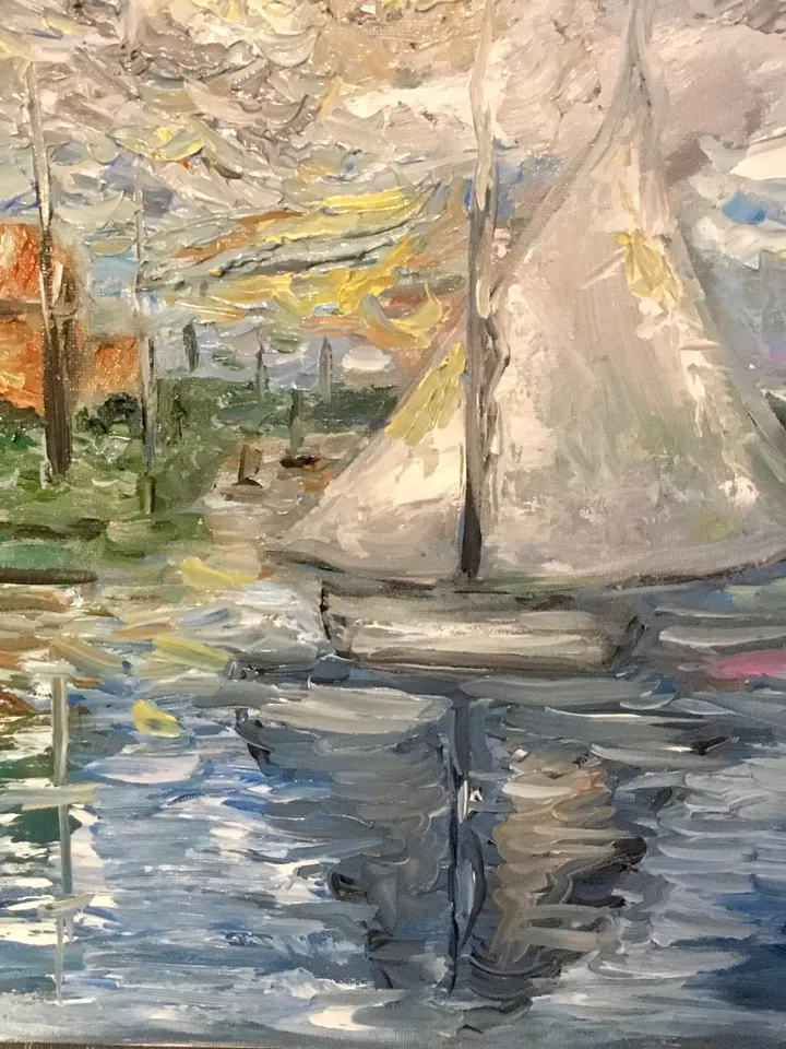 Boat on the river,original oil impressionistic style painting on canvas board,Monet inspired,handmade painting,home decoration wall hanging