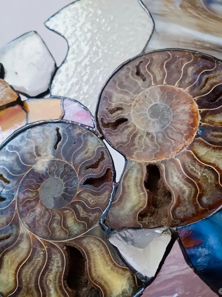 Paired Ammonites on a Stand, Paired Stained Glass Ammonites on Stand, Paired Ammonites, Ammonite Duo on Stand, Twin Fossil Ammonites, Ammonite Sculpture with Gemstones, Stained Glass and Ammonite Art, , Twin Ammonites with Stained Glass Accents