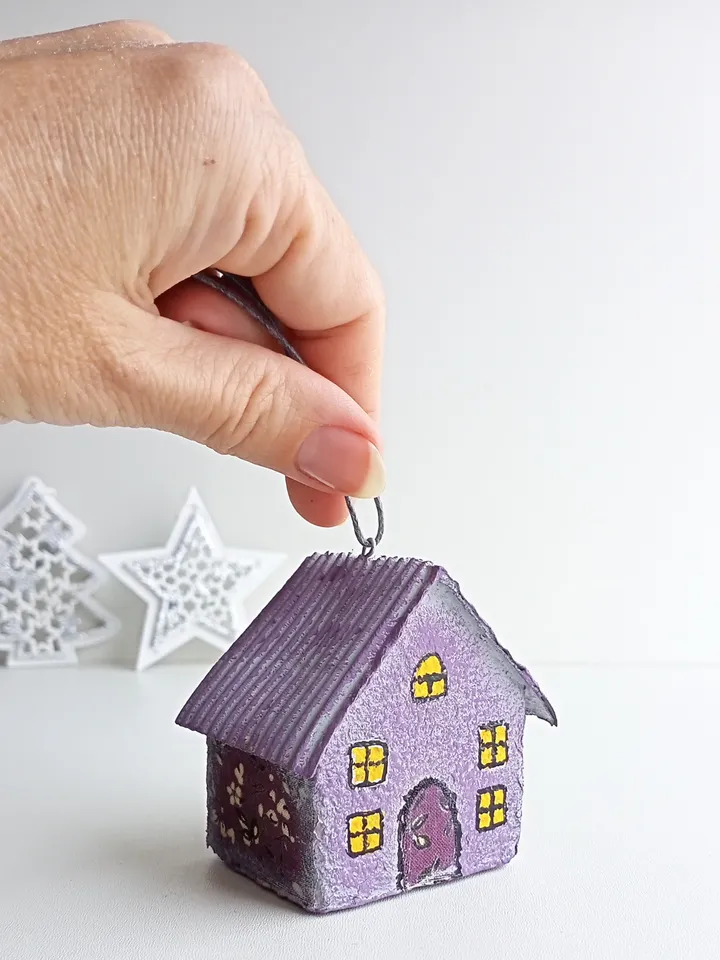 Christmas ornament Hanging Tiny House/Handmade Paper Mache Christmas Tree Ornament/Miniature Purple House Gift