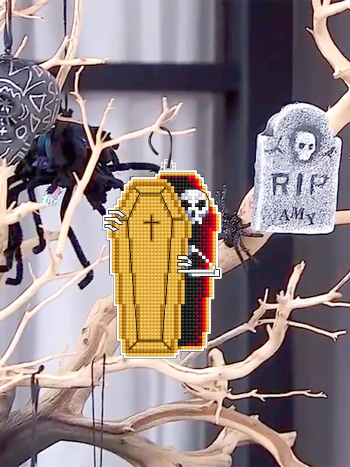 Skeleton in coffin cross stitch pattern PDF download Double-sided Halloween ornament cross stitch plastic canvas, Halloween tree decor #H74