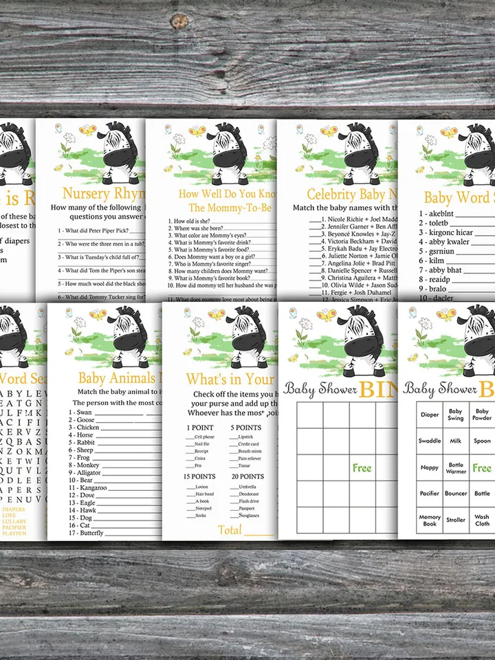 Safari baby shower games bundle,Zebra Baby Shower games package,Fun Baby Shower Games,9 Printable Games-323