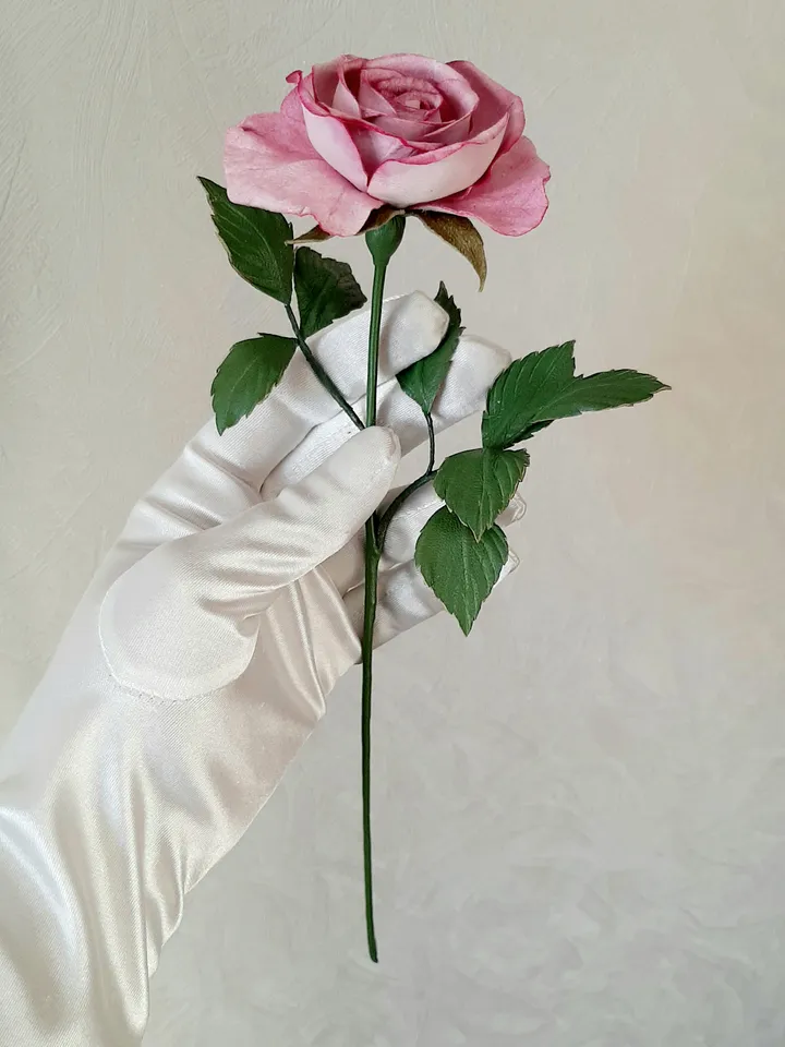 Pink leather rose long stem 3th anniversary gift for her, Leather flower living room decor