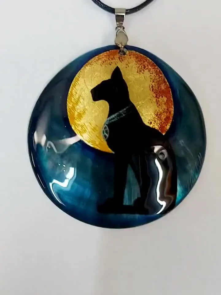 Beautiful Pendant "Black sphinx cat" Mother-of-pearl miniature Hand-painted Russian jewelry. Art gift. Fedoskino art. Abalone shell