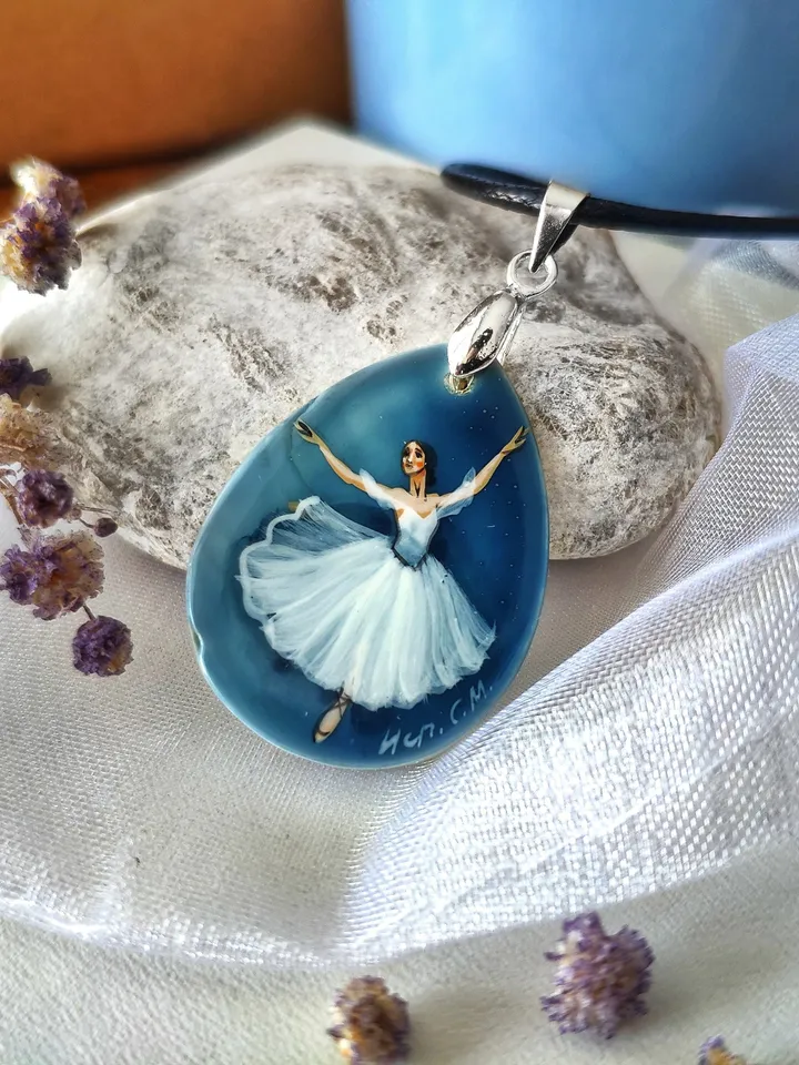 Pearl pendant necklace: Thumbelina tiniest ballerina dancer • Painted lacquer art shell • Original extra small painting on dainty pendant
